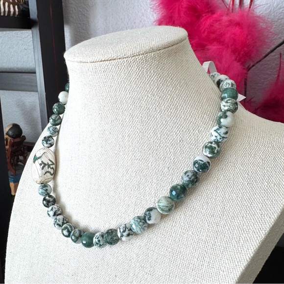 Artisan Moss Agate and Porcelain Beaded Necklace - Picture 2 of 8